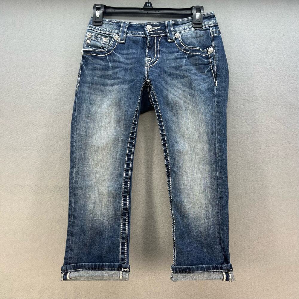 Miss Me Jeans Women's 25 (0) Dark Blue Signature Cuffed Capri Zipper Moto - Picture 9 of 14